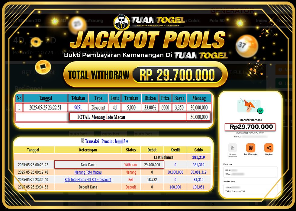 TUANTOGEL JACKPOT TOGEL TOTO MACAU Rp29.700.000 - LUNAS